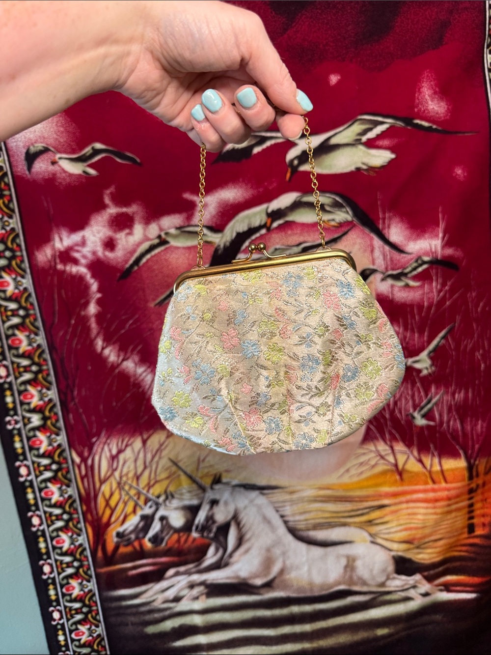 small vintage floral brocade pastel evening bag w/ dainty gold chain